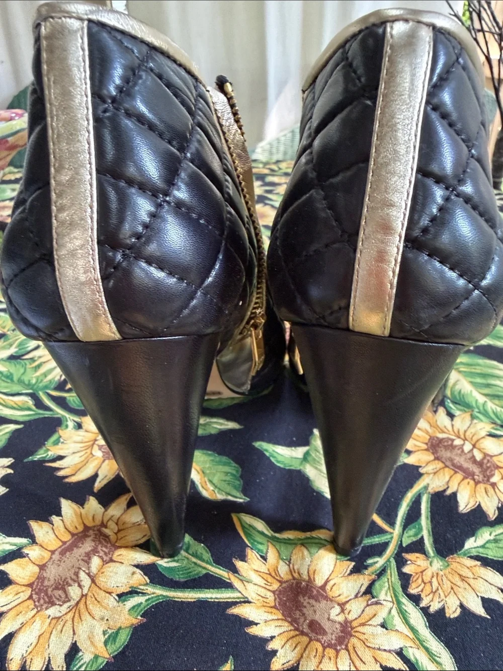 Black Quilted Ankle Booties with Gold Cap Toe 8.5 M nib
